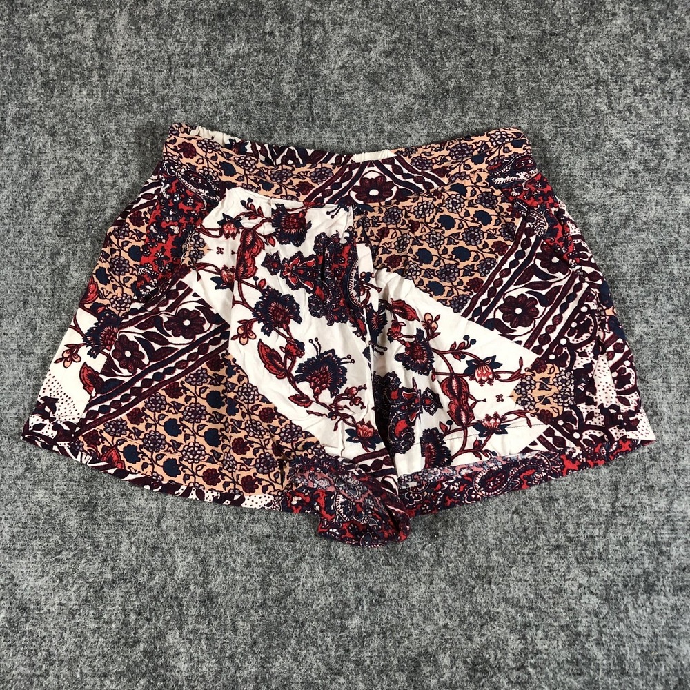 Eyeshadow Shorts Womens Small Red Navy Boho Floral Paisley Elastic Waist